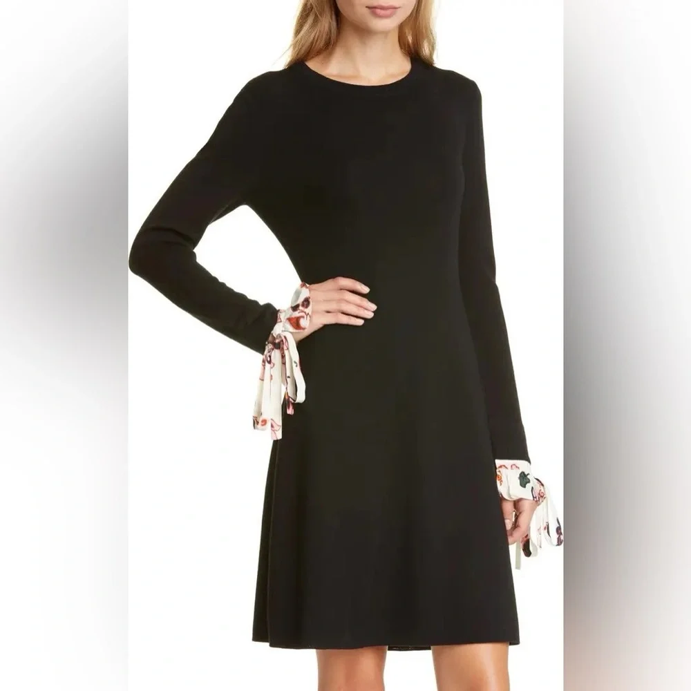 NWT Tory Burch Woven Cuff Long Sleeve Black Sweater Dress